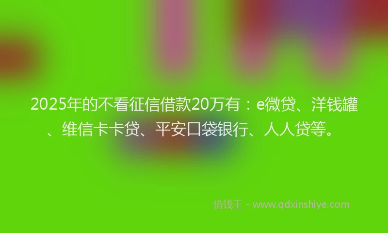 2025年的不看征信借款20万有：e微贷、洋钱罐、维信卡卡贷、平安口袋银行、人人贷等。