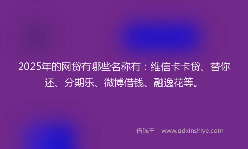 2025年的网贷有哪些名称有：维信卡卡贷、替你还、分期乐、微博借钱、融逸花等。
