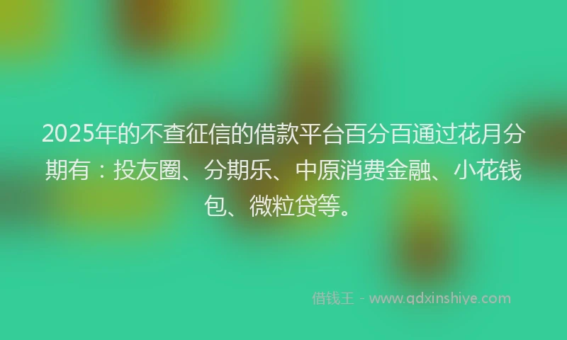 2025年的不查征信的借款平台百分百通过花月分期有：投友圈、分期乐、中原消费金融、小花钱包、微粒贷等。