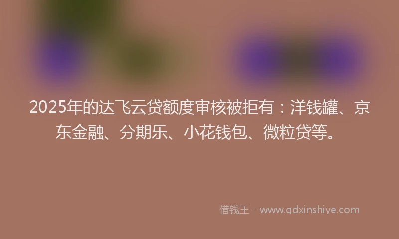 2025年的达飞云贷额度审核被拒有：洋钱罐、京东金融、分期乐、小花钱包、微粒贷等。
