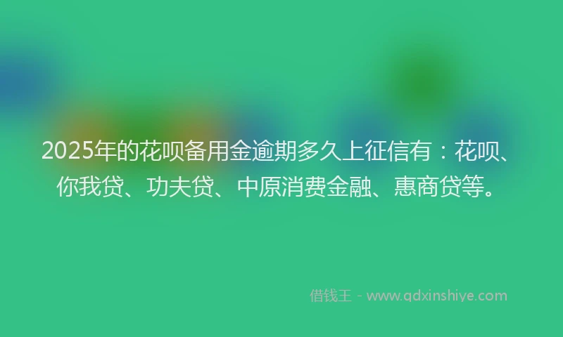 2025年的花呗备用金逾期多久上征信有：花呗、你我贷、功夫贷、中原消费金融、惠商贷等。