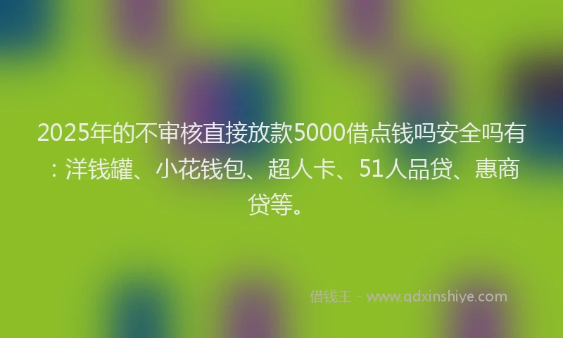 2025年的不审核直接放款5000借点钱吗安全吗有：洋钱罐、小花钱包、超人卡、51人品贷、惠商贷等。