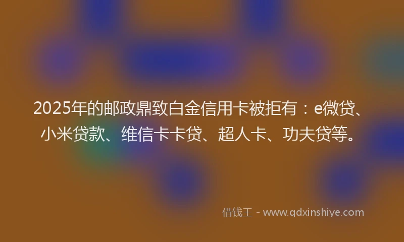 2025年的邮政鼎致白金信用卡被拒有：e微贷、小米贷款、维信卡卡贷、超人卡、功夫贷等。