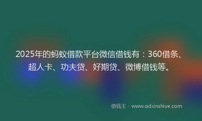 2025年的蚂蚁借款平台微信借钱有：360借条、超人卡、功夫贷、好期贷、微博借钱等。