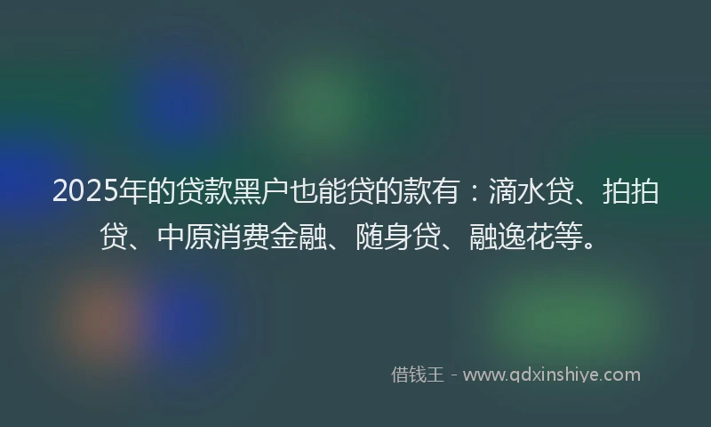 2025年的贷款黑户也能贷的款有：滴水贷、拍拍贷、中原消费金融、随身贷、融逸花等。