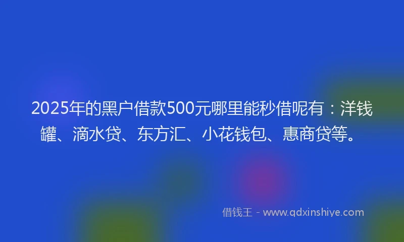 2025年的黑户借款500元哪里能秒借呢有：洋钱罐、滴水贷、东方汇、小花钱包、惠商贷等。