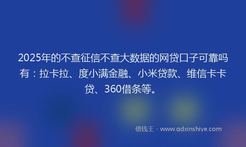 2025年的不查征信不查大数据的网贷口子可靠吗有：拉卡拉、度小满金融、小米贷款、维信卡卡贷、360借条等。