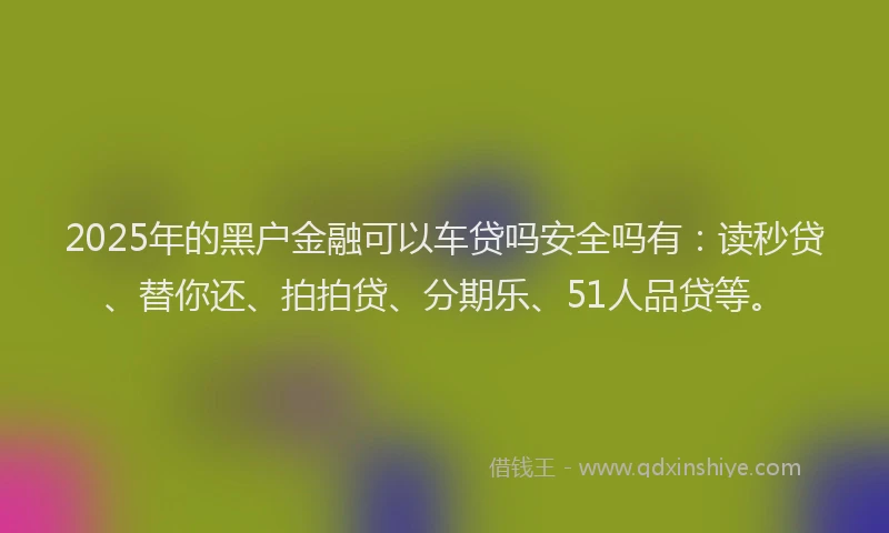 2025年的黑户金融可以车贷吗安全吗有：读秒贷、替你还、拍拍贷、分期乐、51人品贷等。