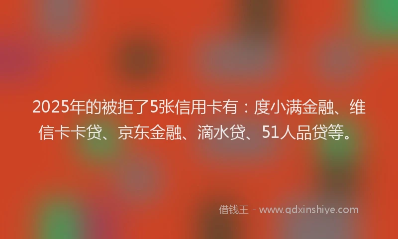 2025年的被拒了5张信用卡有：度小满金融、维信卡卡贷、京东金融、滴水贷、51人品贷等。