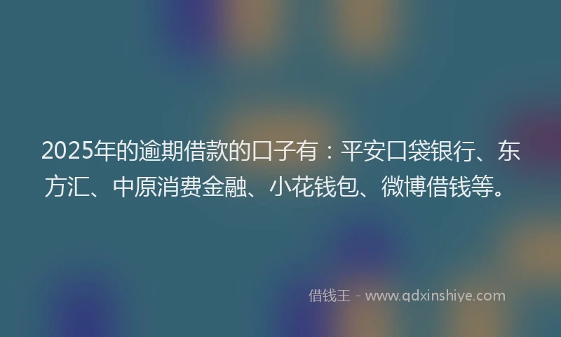 2025年的逾期借款的口子有：平安口袋银行、东方汇、中原消费金融、小花钱包、微博借钱等。