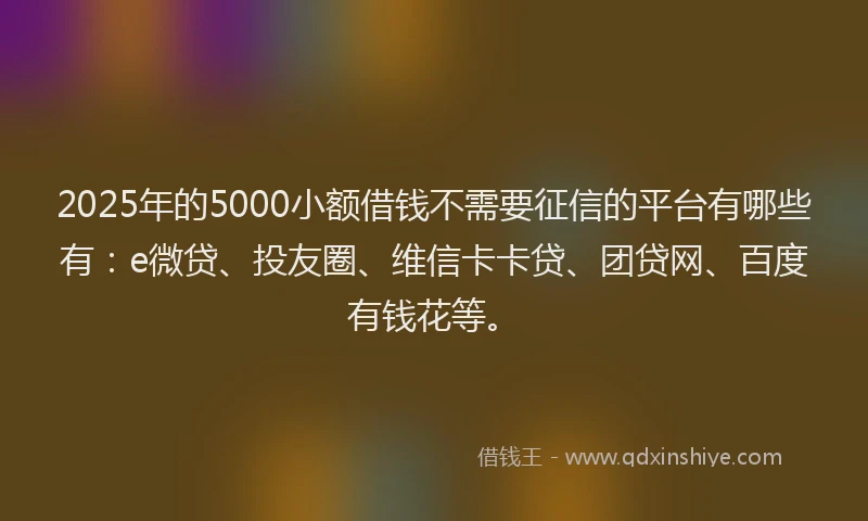 2025年的5000小额借钱不需要征信的平台有哪些有：e微贷、投友圈、维信卡卡贷、团贷网、百度有钱花等。