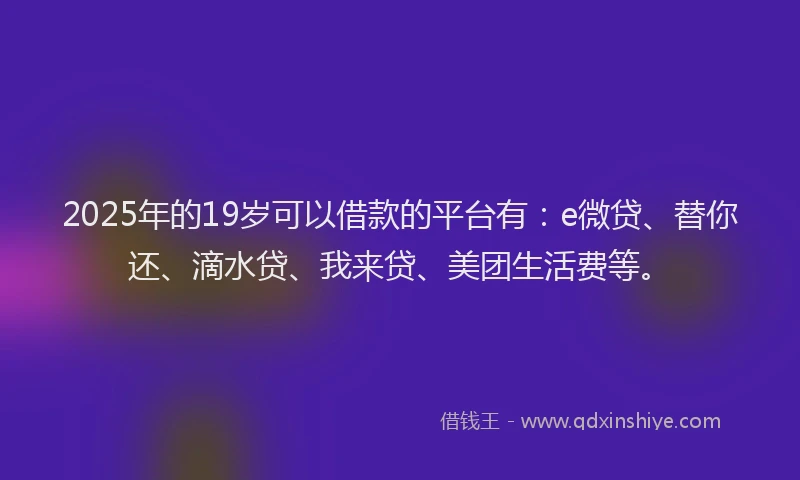 2025年的19岁可以借款的平台有：e微贷、替你还、滴水贷、我来贷、美团生活费等。