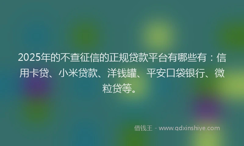 2025年的不查征信的正规贷款平台有哪些有：信用卡贷、小米贷款、洋钱罐、平安口袋银行、微粒贷等。