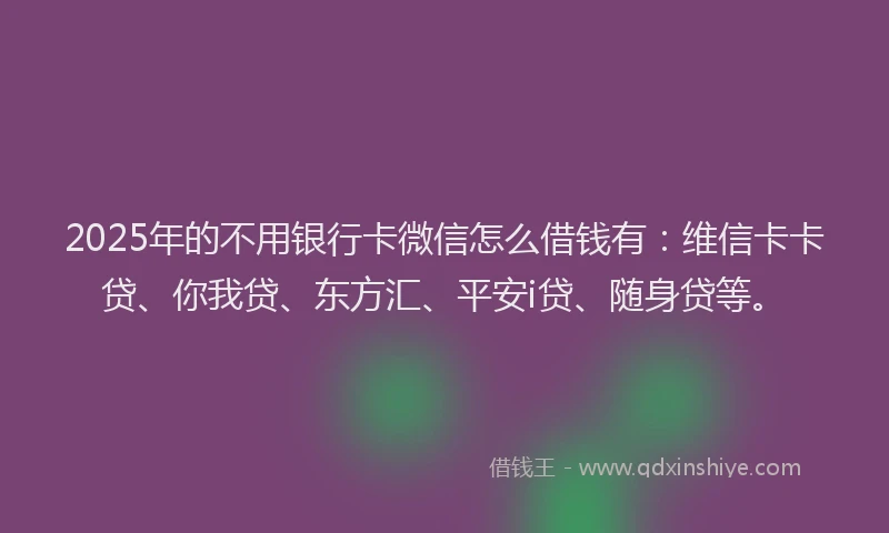 2025年的不用银行卡微信怎么借钱有：维信卡卡贷、你我贷、东方汇、平安i贷、随身贷等。