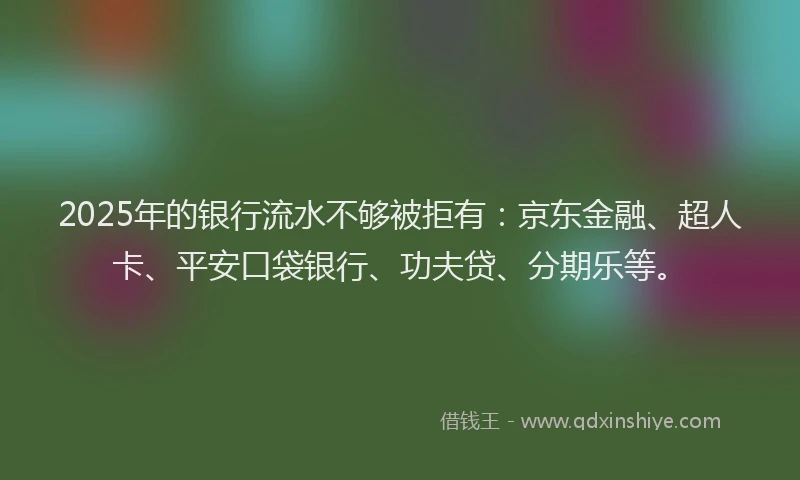 2025年的银行流水不够被拒有：京东金融、超人卡、平安口袋银行、功夫贷、分期乐等。