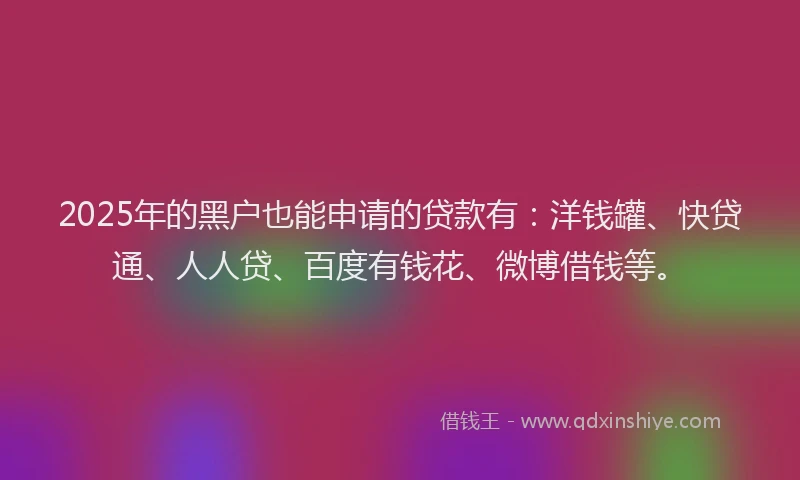 2025年的黑户也能申请的贷款有：洋钱罐、快贷通、人人贷、百度有钱花、微博借钱等。