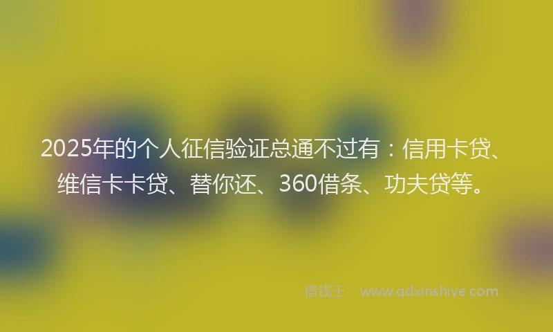 2025年的个人征信验证总通不过有：信用卡贷、维信卡卡贷、替你还、360借条、功夫贷等。