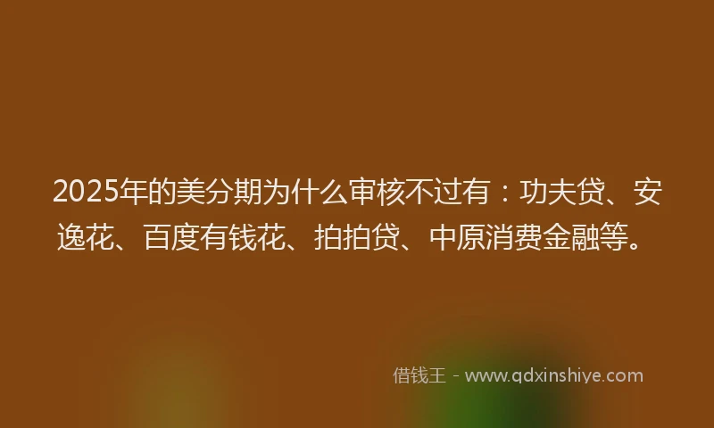 2025年的美分期为什么审核不过有：功夫贷、安逸花、百度有钱花、拍拍贷、中原消费金融等。