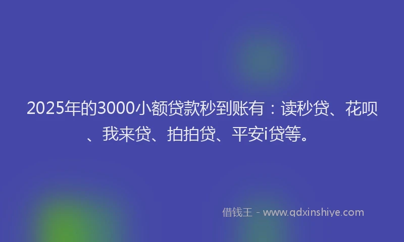 2025年的3000小额贷款秒到账有：读秒贷、花呗、我来贷、拍拍贷、平安i贷等。