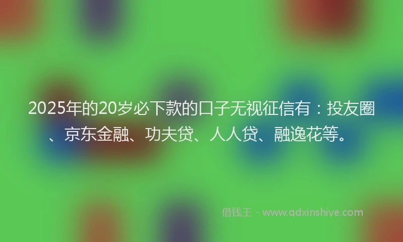 2025年的20岁必下款的口子无视征信有：投友圈、京东金融、功夫贷、人人贷、融逸花等。