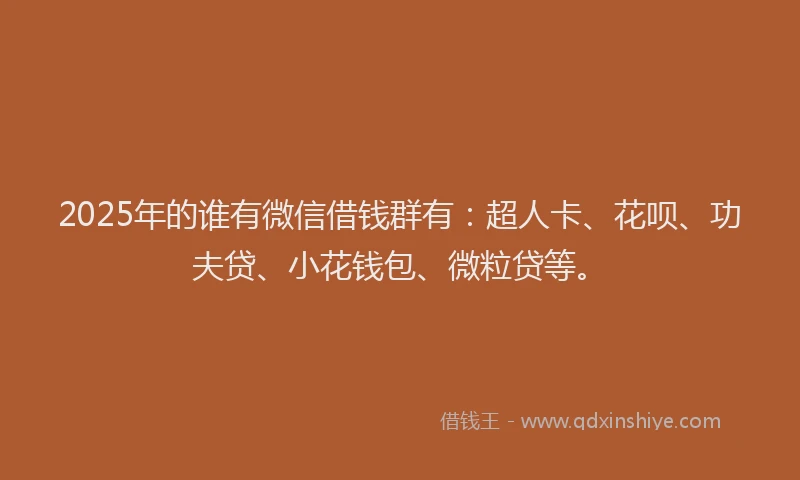 2025年的谁有微信借钱群有：超人卡、花呗、功夫贷、小花钱包、微粒贷等。