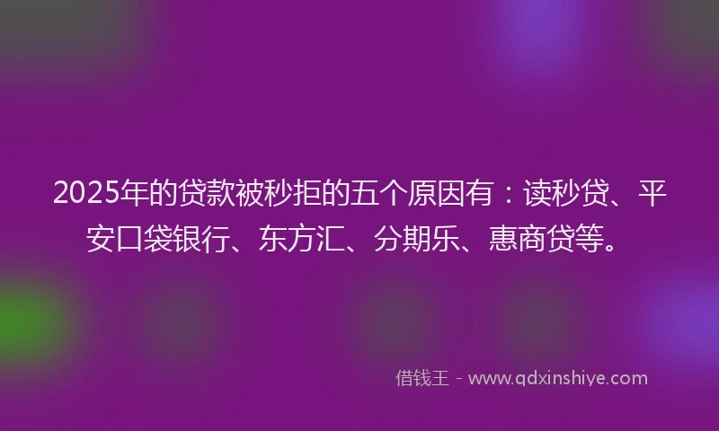 2025年的贷款被秒拒的五个原因有：读秒贷、平安口袋银行、东方汇、分期乐、惠商贷等。