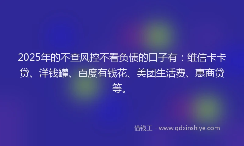 2025年的不查风控不看负债的口子有：维信卡卡贷、洋钱罐、百度有钱花、美团生活费、惠商贷等。