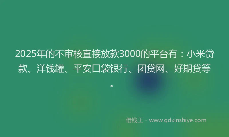 2025年的不审核直接放款3000的平台有：小米贷款、洋钱罐、平安口袋银行、团贷网、好期贷等。