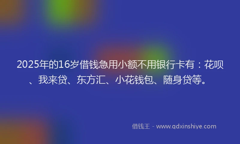 2025年的16岁借钱急用小额不用银行卡有：花呗、我来贷、东方汇、小花钱包、随身贷等。