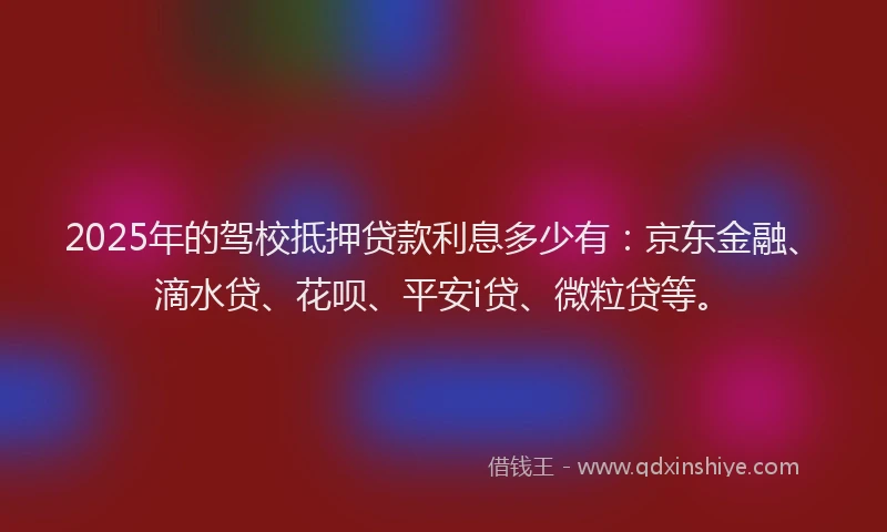 2025年的驾校抵押贷款利息多少有：京东金融、滴水贷、花呗、平安i贷、微粒贷等。