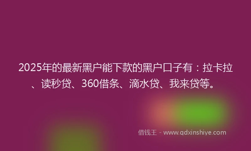 2025年的最新黑户能下款的黑户口子有：拉卡拉、读秒贷、360借条、滴水贷、我来贷等。