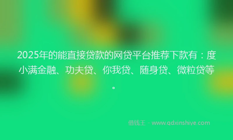 2025年的能直接贷款的网贷平台推荐下款有：度小满金融、功夫贷、你我贷、随身贷、微粒贷等。