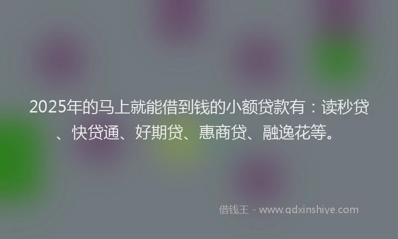 2025年的马上就能借到钱的小额贷款有：读秒贷、快贷通、好期贷、惠商贷、融逸花等。