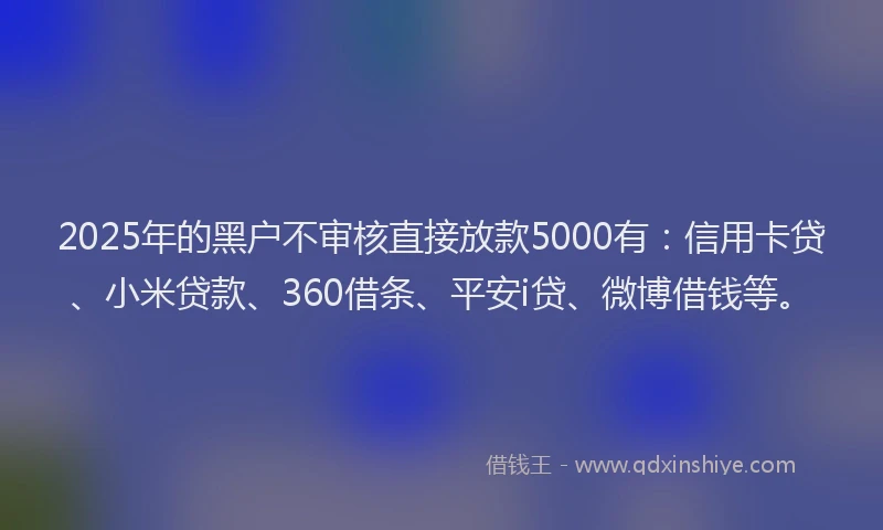 2025年的黑户不审核直接放款5000有：信用卡贷、小米贷款、360借条、平安i贷、微博借钱等。