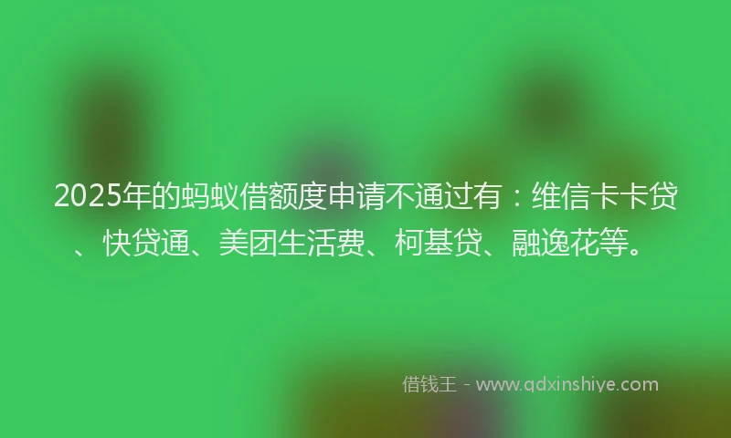 2025年的蚂蚁借额度申请不通过有：维信卡卡贷、快贷通、美团生活费、柯基贷、融逸花等。