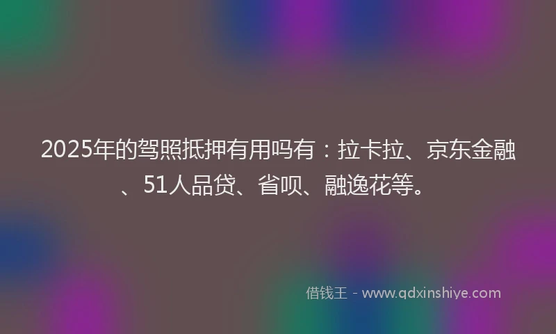 2025年的驾照抵押有用吗有：拉卡拉、京东金融、51人品贷、省呗、融逸花等。