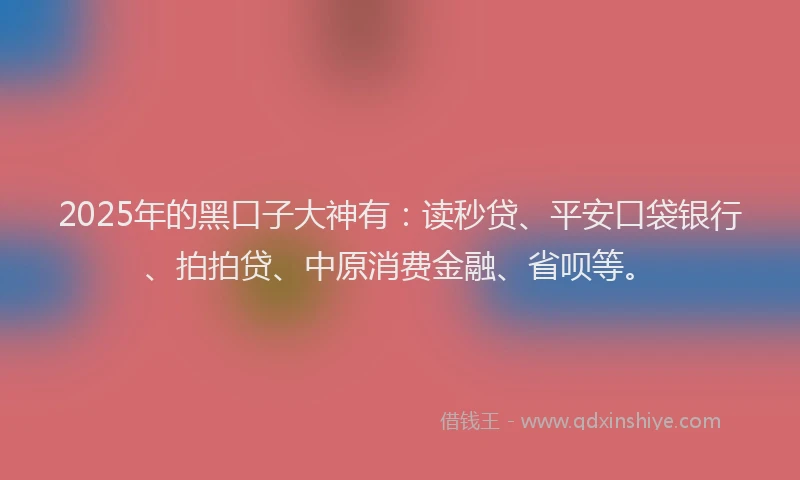 2025年的黑口子大神有：读秒贷、平安口袋银行、拍拍贷、中原消费金融、省呗等。