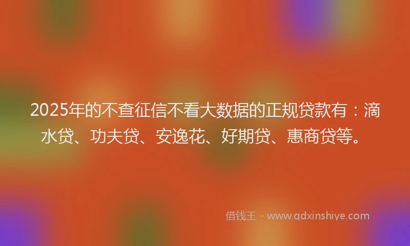 2025年的不查征信不看大数据的正规贷款有：滴水贷、功夫贷、安逸花、好期贷、惠商贷等。