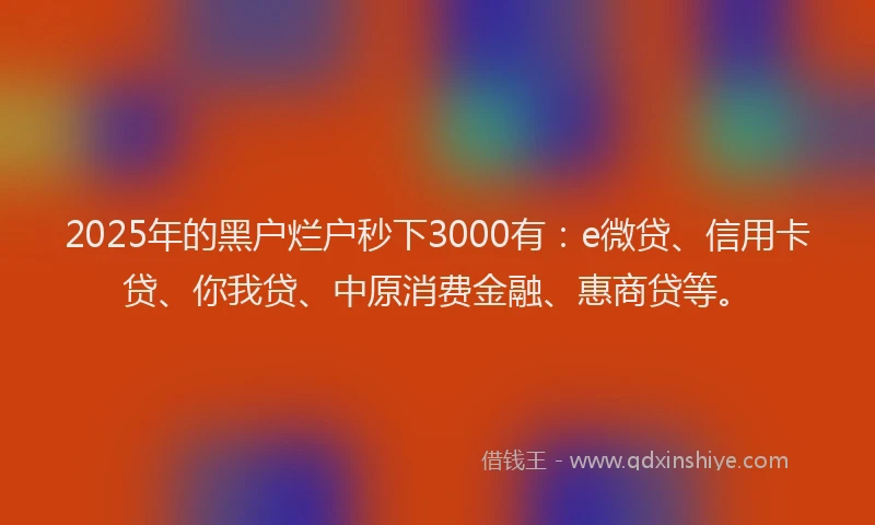 2025年的黑户烂户秒下3000有：e微贷、信用卡贷、你我贷、中原消费金融、惠商贷等。