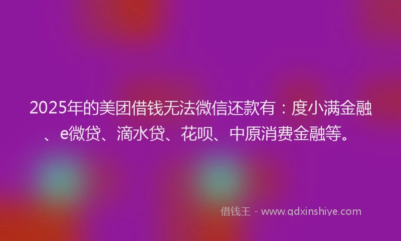 2025年的美团借钱无法微信还款有：度小满金融、e微贷、滴水贷、花呗、中原消费金融等。