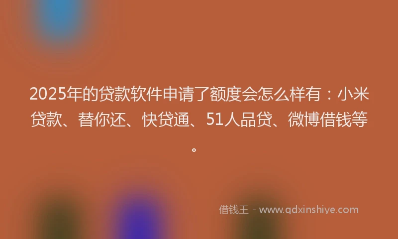 2025年的贷款软件申请了额度会怎么样有：小米贷款、替你还、快贷通、51人品贷、微博借钱等。