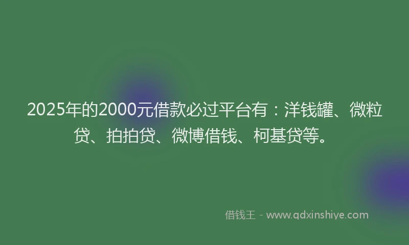 2025年的2000元借款必过平台有：洋钱罐、微粒贷、拍拍贷、微博借钱、柯基贷等。