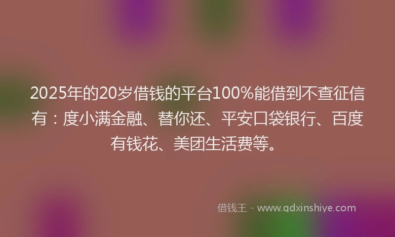 2025年的20岁借钱的平台100%能借到不查征信有：度小满金融、替你还、平安口袋银行、百度有钱花、美团生活费等。