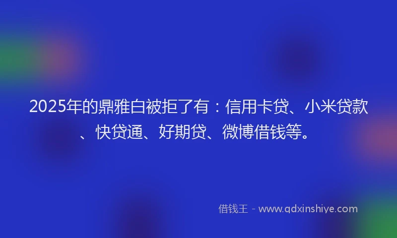2025年的鼎雅白被拒了有：信用卡贷、小米贷款、快贷通、好期贷、微博借钱等。