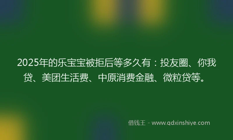 2025年的乐宝宝被拒后等多久有：投友圈、你我贷、美团生活费、中原消费金融、微粒贷等。