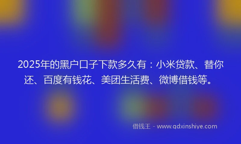 2025年的黑户口子下款多久有：小米贷款、替你还、百度有钱花、美团生活费、微博借钱等。