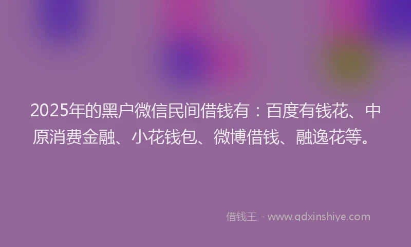 2025年的黑户微信民间借钱有：百度有钱花、中原消费金融、小花钱包、微博借钱、融逸花等。