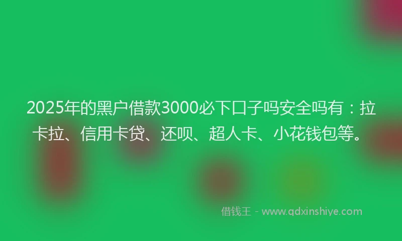 2025年的黑户借款3000必下口子吗安全吗有：拉卡拉、信用卡贷、还呗、超人卡、小花钱包等。