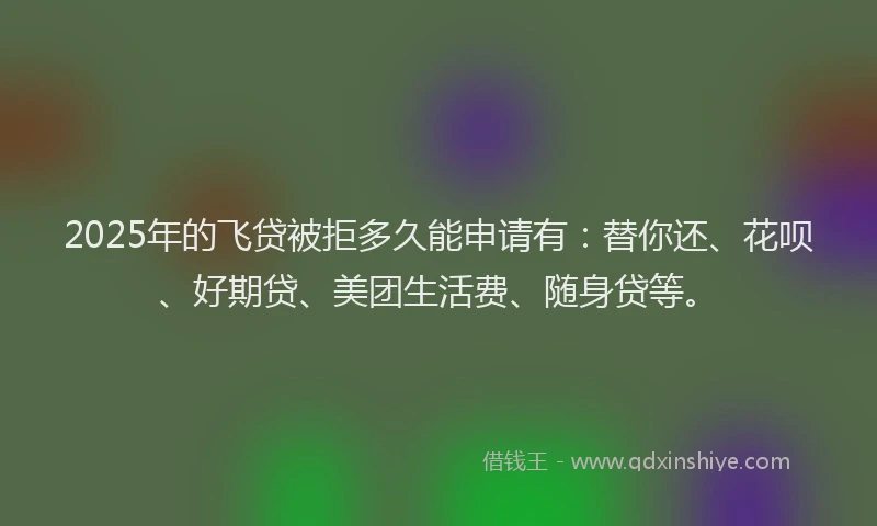 2025年的飞贷被拒多久能申请有：替你还、花呗、好期贷、美团生活费、随身贷等。