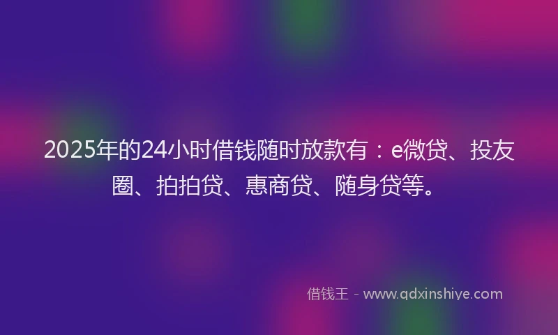 2025年的24小时借钱随时放款有：e微贷、投友圈、拍拍贷、惠商贷、随身贷等。